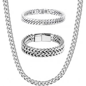 Trahoo-2 Pièces Bracelets Cubains En Acier Inoxydable Pour Homme 19/21cm Et 1 Chaîne Cubaine Collier Homme 50 Cm Kit, Bracelet Gourmette Maillons Cubains Homme Collier, Cadeaux Pour Lui Papa Copain(A - Neuf