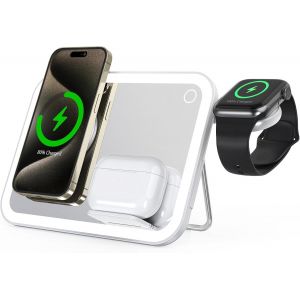 KALANKA-Miroir de chargement sans fil multi-appareils avec lumières, compatible avec sortie MagSafe 10 W, sortie montre 3 W, sortie écouteurs, support réglable, veilleuse LED, miroir avec lumière - Neuf