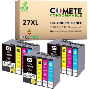 Marque fran&ccedil;aise - 27XL - 12 Cartouches d'encre Compatibles pour Epson 27 XL R&eacute;veil (T2711 T2712 T2713 T2714 T2715) - pour Epson Workforce WF3600 WF7600 (3 Noir et 9 Couleur) - Neuf