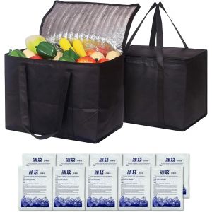 JEXNOVASHOP-2 pi&egrave;ce Grand Sac Isotherme &iquest;40L+40L&iquest; + 10 pi&egrave;ce banquise&iquest;Noir Sac Isotherme Courses&iquest;41x26x33cm&iquest;&iquest;Pliable Sacs isothermes&iquest;glaci&egrave;re&iquest;Courses surgel&eacute;s - Neuf