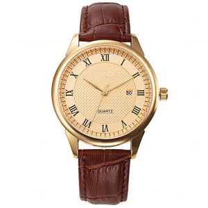 Montre-Bracelet Analogique Ronde A Quartz Pour Homme, Bracelet En Cuir, Date, Pour Le Travail (Cadran Dore) - Neuf