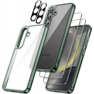 5 En 1 Coque Pour Samsung Galaxy S24+ / S24 Plus 5g Avec 2 Protection D'écran En Verre Trempé Et 2 Protecteur D'objectif De Caméra, Étui Housse Antichoc Anti-Jaunissement (Vert Foncé) - Neuf