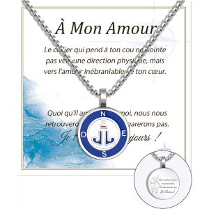 Kal-Idee Cadeau Couple Amoureux,Collier Acier Inoxydable Avec Boussole/Ancre/Gouvernail,Cadeau Personnalis&eacute; Couple,Cadeau Pour Son Copain,Cadeau Pour Sa Copine - Neuf