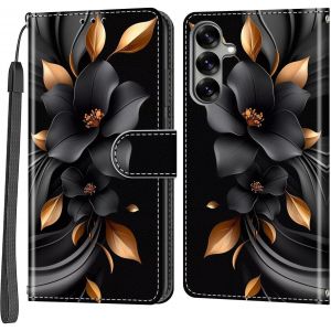 JGD-Coque pour Samsung Galaxy S25, Housse en Cuir PU Etui &agrave; Rabat Pochette de Portefeuille avec Fentes pour Cartes Fonction Support Feuilles et Fleurs - Neuf