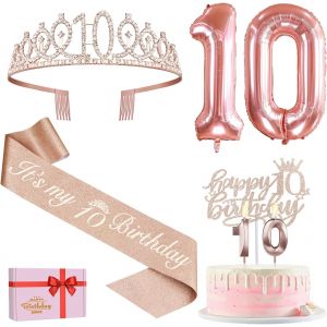 ERYI-Décorations De 10E Anniversaire Pour Filles, Y Compris Écharpe Et Diadème De 10E Anniversaire, Décorations De Gâteau Et Bougies, Ballons En Forme De Chiffre Or Rose, Cadeaux De 10 Ans Pour - Neuf