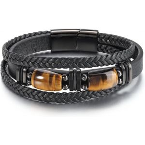 Eryi-Bracelet Homme Pierre Naturelle Cuir Véritable Tressé Oeil De Tigre Obsidienne Pierre Précieuses Bracelet Protection Mode Bijoux Cadeaux D¿Anniversaire Pour Papa Mari - Neuf