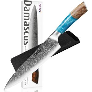 Couteau Cuisine Japonais,Couteau Damas Professionnel Avec Manche Ergonomique En Résine,67 Couches Couteau De Chef Avec Protège-Couteau,8 Pouces,Cadeau Pour Chef Et Passionné De Cuisine - Neuf