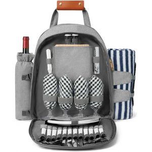Ulteronixshop-Sac &Agrave; Dos De Pique-Nique Pour 4 Personnes, Avec Compartiment Isotherme Et Porte-Vin, Couverture Polaire Et Couverts, Pour Camping, Plage, Voyages, Randonn&eacute;e, Accessoires, Gris Clair - Neuf