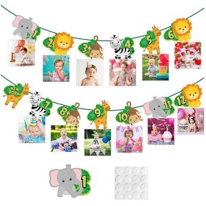 Guirlande Anniversaire 1 an,Bannière Photo de 1 à 12 Mois Animaux Bannière pour Guirlande Photo Anniversaire des Animaux de Jungle,pour Garçon Fille Première Anniversaire Fête Décor - Neuf
