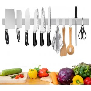Mevronisshop-Barre Magn&eacute;tique De 60 Cm - Porte-Couteaux Magn&eacute;tique Avec 3 Crochets En Acier Inoxydable - Barre &Agrave; Couteaux Autocollante - Argent&eacute; - Sans Per&ccedil;age - Neuf