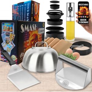 Ulteronixshop-Kit Smash Burger - Set Professionnel en Acier Inoxydable Certifi&eacute; Comprend Smasher &eacute;crase-hamburger, cloche &agrave; fondre, presse &agrave; hamburgers, spatule, spray d'huile, anneau &agrave; ?ufs, eBook d - Neuf