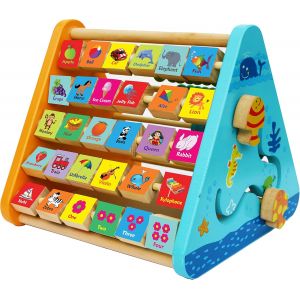 JGD-TOWO Centre activit&eacute; b&eacute;b&eacute; multijeux Montessori - Triangle activit&eacute; en bois - Boulier, Alphabet , labyrinthe, Horloge - Cadeau enfants 5 en 1. Apprendre chiffre interactif Jouet b&eacute;b&eacute; 1 an - Neuf