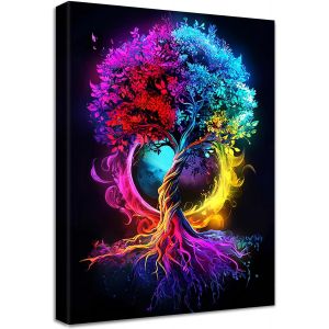 ERYI-Cadre En Bois Impression Sur Toile Arbre De Vie Rouge Bleu Et Jaune Tableau Image Sur Toile Arbre De Fortune Abstrait Tableau Decoration Murale Salon Chambre Coucher Salle De Bains Couloir 30X40 - Neuf