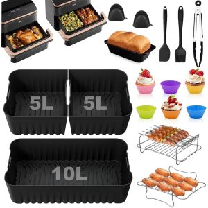 Moule Silicone Air Fryer Pour Cosori Foodi Flex 10l Twinfry - 17pièces Air Fryer Accessoires - 1x10l + 2x5l Silicone Réutilisable Plat, Grille Racks, Accessoires Pour Cuisine - Neuf