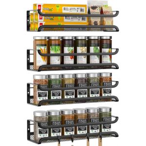 MEVRONISSHOP-Rangement Epices Cuisine, 4 Pi&egrave;ces Etagere a Epices Murale M&eacute;tal Sans Percage, Etagere Cuisine avec 4 Crochets Mobiles, Id&eacute;al Pour le Accroch&eacute; sur les Portes de Placards ou les Murs - Neuf