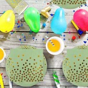 Mevronisshop-Lot De 72 Assiettes De Fête D'anniversaire, Vert Sauge, Doré, Pour Fête D'anniversaire, Gobelets, Serviettes En Carton, Décoration De Table Pour Filles Et Enfants, 24 Invités - Neuf