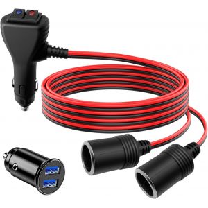 TIANYI-1m Répartiteur Allume Cigare 12V, Rallonge Allume Cigare 12V avec 2 Interrupteurs, 1 à 2 Prises Allume-Cigare 10A/15AWG pour 12V-24V Voiture/RV/Bateau + Chargeur de Voiture Double USB - Neuf