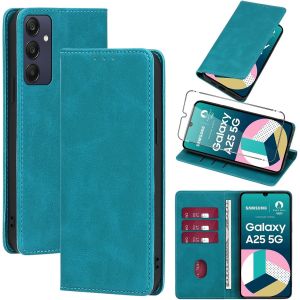SJZG-Coque Cuir Pour Samsung Galaxy A25 5G 6.5"" Avec 1 Verre Tremp&eacute; Etui &Agrave; Rabat En Pu Porte-Cartes Portefeuille Support Flip Housse Magn&eacute;tique Antichoc Anti-Rayures Case,Light Blue - Neuf