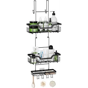 MEVRONISSHOP-tag&egrave;re Douche &agrave; Suspendre, Etagere Rangement Salle de Bain sans Percage, avec Porte Savon, Panier &agrave; Suspendre sur la Porte pour Shampooing (Noir) - Neuf