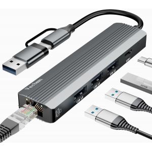 JGD-Adaptateur USB Ethernet, 5 en 2 Hub/Adaptateur USB C avec RJ45 Ethernet 1000 Mbit/s avec 3 U-SB 3.0, U-S-B C Port, U-S-B Type-C vers E-thernet pour Windows XP/Mac/Linux/Chromebook - Neuf