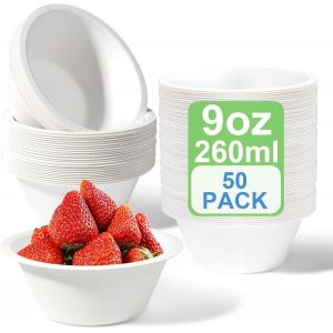 Loranka-Lot De 50 Bols &Agrave; Soupe Jetables En Canne &Agrave; Sucre - 260 Ml - Vaisselle Jetable - Bols &Agrave; Soupe Bio - Ronds - Blanc - Compostables - Neuf