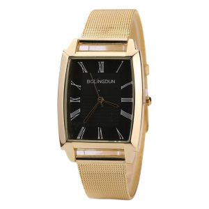 Montre A Quartz Tendance Avec Bracelet En Maille Et Chiffres Romains, Cadran Carre, Pour Homme Et Femme (Or Et Noir) - Neuf
