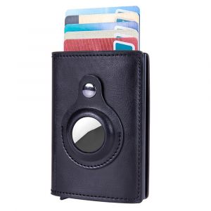 Portefeuille homme RFID avec emplacement pour AirTag, porte-cartes escamotable, design fin, r&eacute;sistant &agrave; l'eau, noir, alliage d'aluminium et cuir PU - Neuf