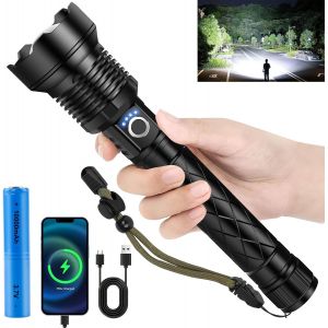 Dool-Lampe De Poche Led Rechargeable Avec 50 000 Lumens,Lampe Tactique Super Lumineuse Avec Zoom Et 5 Modes Et Protection Contre L'eau Ipx7 Pour Les Urgences En Camping - Neuf