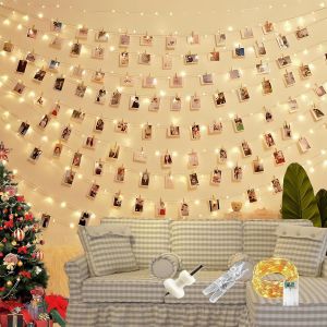 KAL-Guirlande Lumineuse Photo, 50M 50Led Guirlande Photo Avec Minuterie 30 Clips Et 10 Clous Sans Traces, Alimentés Par Piles, Pour Decoration Chambre, Mariage, Anniversaire - Blanc Chaud - Neuf