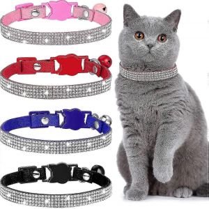 4 Pi&egrave;ces Strass Colliers Pour Chat Breakaway Collier Pour Chat Avec Cloche Bling Colliers Pour Animaux De Compagnie Avec Velours Doux,4 Couleurs - Neuf