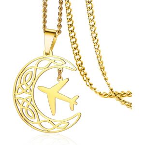 Kal-Collier En Acier Inoxydable Avec Pendentif En Forme D'avion Et Croissant De Lune Celtique - Neuf