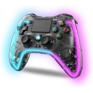 Manette Pour Ps4 / Pc/Android - Manette Sans Fil Avec 2-Shock,6 Axes,2 Boutons Macro,7 Modes De Lumière Led,Pavé Tactile,Prise Casque,Câble De Charge Inclus - Noir Transparent - Neuf