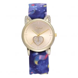 Montre-Bracelet A Quartz Lvpai P817 Pour Femme, Bracelet En Tissu Imprime, En Alliage, Avec Strass Et Oreilles De Chat (Bleu) - Neuf