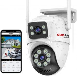 6Mp Outdoor Wifi Surveillance Camera, ¿Dual Lens Link¿ 360° Ip Outdoor Camera, Ip66 Waterproof, Colour Night Vision, Two-Way Audio, Instant Alert, Tf Card/Cloud - Neuf