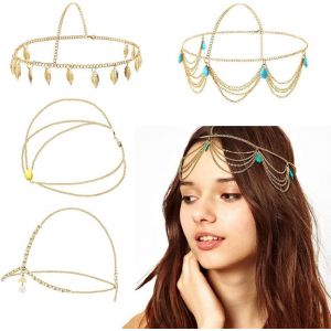 Kalvd-4 Pi&egrave;ces Cha&icirc;ne De T&ecirc;te Dor&eacute;,Bandeau Cheveux Femme Fille Dor&eacute; Bijoux De Tete Oriental Or,Bijoux Cheveux Femme Dor&eacute; Boh&egrave;me Festival Accessoire Mariage - Neuf