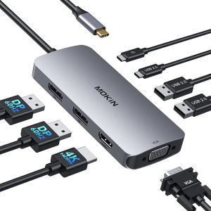 Station d'accueil USB C Dual DisplayPort, Hub USB C 8 en 1 avec 2 DP, HDMI, VGA, USB C 2.0, 2 USB A 2.0, Port de Charge PD, Adaptateur Multi-Moniteur pour Ordinateurs Portables Dell/HP/Lenovo - Neuf