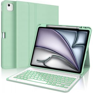 Coque Pour Ipad Air 13"" (M3 2025/M2 2024) Avec Pavé Tactile Clavier, Azerty Français Clavier Rétroéclairé 7 Couleurs Détachable Sans Fil Bluetooth - Étui Ipad Air 13, Vert Clair - Neuf