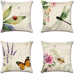 CAUC-Ext&eacute;rieur Housse de Coussin, Lot de 4 Imperm&eacute;able Insectes et Plantes Motif Canap&eacute; Taie d'oreiller pour Patio Jardin Salon Chambre D&eacute;coration, 45x45cm - Neuf