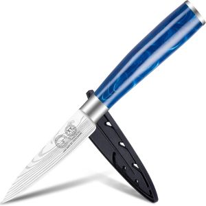 Oayew-Authentic Since 1986,Stainless Steel Kitchen Knife,3.5 Inch Paring Knife With Sheath,Resin Handle,Laser Damascus Pattern Blade,Fruit Vegetable Slicing Cutting Knife - Neuf