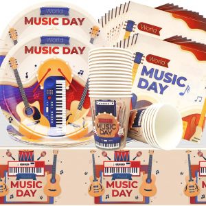 Letnerny-Vaisselle D'anniversaire Musique,61pcs Set De Table Pour Fête D'anniversaire Guitare Assiettes En Carton Tasses En Carton Essuie-Tout Nappes En Carton Pour Fête De Bébé Décoration Pour Fête - Neuf