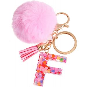 TIANYI-Porte-cl&eacute;s rose avec lettre porte-cl&eacute;s fille initiale cadeau femmes porte-cl&eacute;s boule de poils d&eacute;corer pour sac Sac &agrave; dos porte-clef gland or porte-clef femme - Neuf