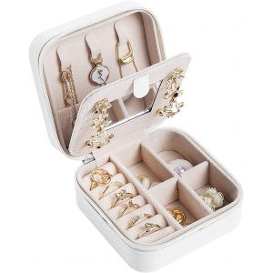 Trahoo-Boite A Bijoux, Rangement Bijoux Portable, Boite A Bijoux Fille Cuir, Coffret À Bijoux 10x10x5cm, Boite A Bijoux Voyage Pour Rangez Boucles D'oreilles, Bagues, Colliers, Bracelets (Blanc) - Neuf