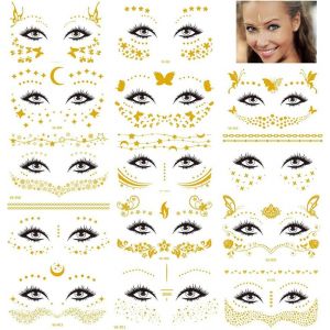14 feuilles de tatouages temporaires pour le visage, autocollants pour le visage à paillettes métalliques - Neuf