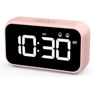Réveil numérique LED rose avec fonction snooze, 2 alarmes, miroir rechargeable USB, 12/24 heures, adapté au bureau à domicile - Neuf