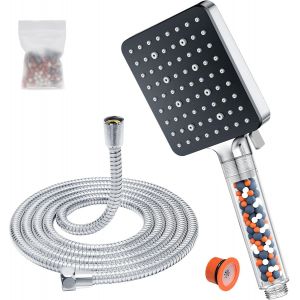 JGD-Pommeau de Douche avec Tuyau 1.6m, Pommeau Douche Economie eau avec 6 Modes, Pommeau de Douche Carr&eacute; Filtrant, Douchette Douche Salle de Bain Haute Pression Anti Calcaire, Chrom&eacute; - Neuf