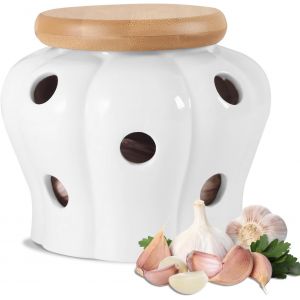 Letnerny-Bocaux De Conservation Pour Ail Pot À Ail En Céramique Avec Couvercle En Bambou Et Trous D'aération, Respirant, Récipient De Rangement Pour Oignons, Poivrons, Oignons, Gingembre - Neuf