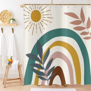 Uaa-Rideau De Douche Boho 180x180cm,Mid Century Feuille Abstraite Soleil Arc-En-Ciel Beige Minimaliste Géométrique Esthétique Art Imperméable Tissu Lavable Rideau De Bain Hnm-39 - Neuf