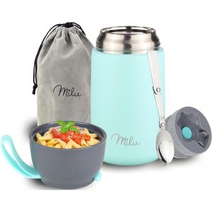 Bo&icirc;tes Alimentaires Isothermes 450ml I 650ml I 800ml, Bo&icirc;te Isotherme Repas Chaud Porte-Aliments En Acier Inoxydable &Agrave; Double Couche, Cuill&egrave;re Pliante Pour Ecole, Bureau (650ml/Gris) - Neuf