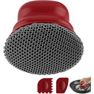 LORANKA-Brosse &agrave; r&eacute;curer pour po&ecirc;le en Fonte, Nettoyeur de casseroles avec 2 racloirs, Brosse de Nettoyage pour Vaisselle, casseroles, po&ecirc;les, Grills (Rouge, Grande Maille de cha&icirc;ne) - Neuf