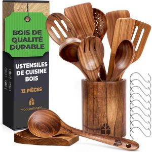 Mevronisshop-Ustensiles De Cuisine En Bois - Ensemble Premium En Teck De 12 Pi&egrave;ces Avec Cuill&egrave;re En Bois Et Spatule, Avec Crochet, Pot &Agrave; Couverts, Repose-Cuill&egrave;re &iquest; R&eacute;sistants &Agrave; La Chaleur Et Anti-Ra - Neuf